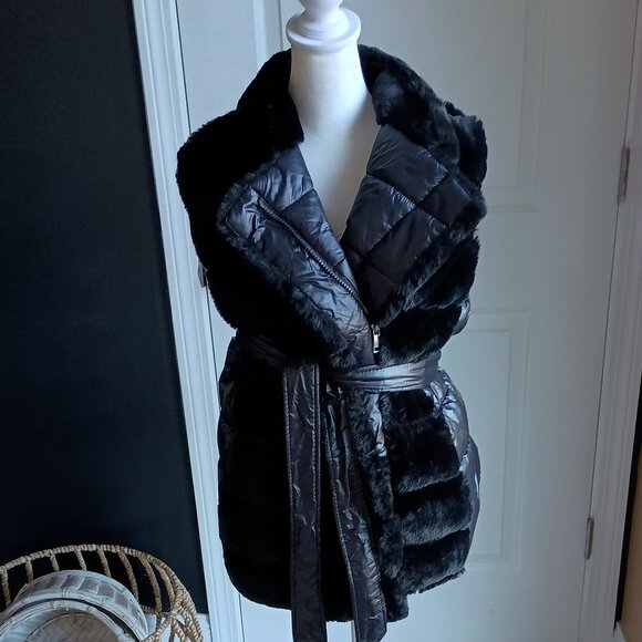 NWOT! DKNY FAUX FUR FRONT TIE WAIST PUFFER VEST - Picture 4 of 5
